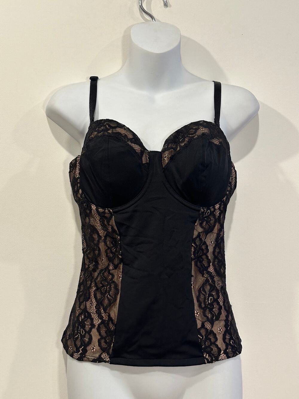 Shapely Figures Black Underwire Corset Bustier Cami Nude Floral Lace 36DD